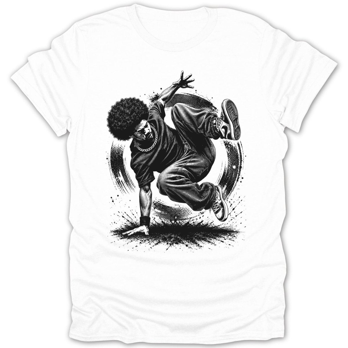 Breakdancer with afro and chain in dynamic pose, black and white graphic on white t-shirt.
