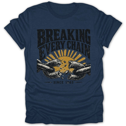 Dark blue t-shirt with "Breaking Every Chain" text and broken chain design.