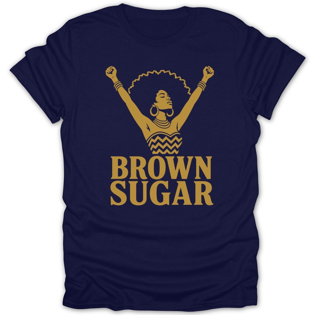 Navy t-shirt with gold graphic of a woman with an afro and "BROWN SUGAR" text.