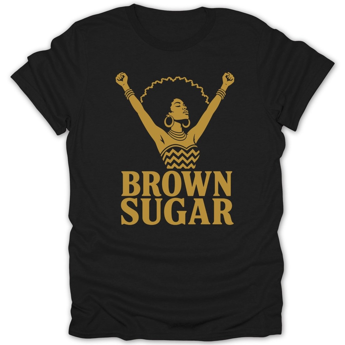 Black t-shirt with gold graphic of woman with afro, hands raised, and "BROWN SUGAR" text.
