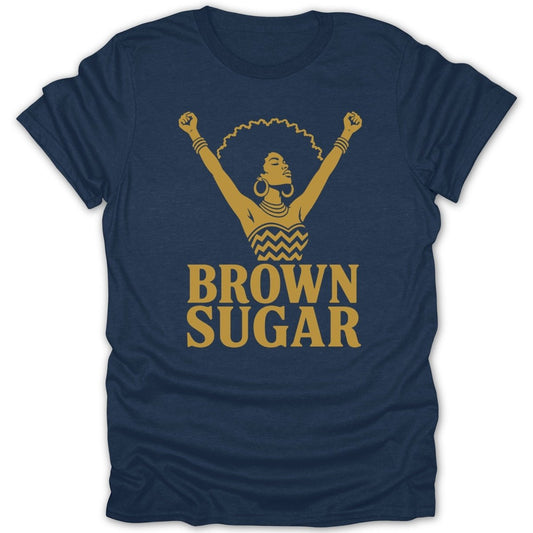 Navy t-shirt with gold graphic of woman with raised arms and text "BROWN SUGAR".