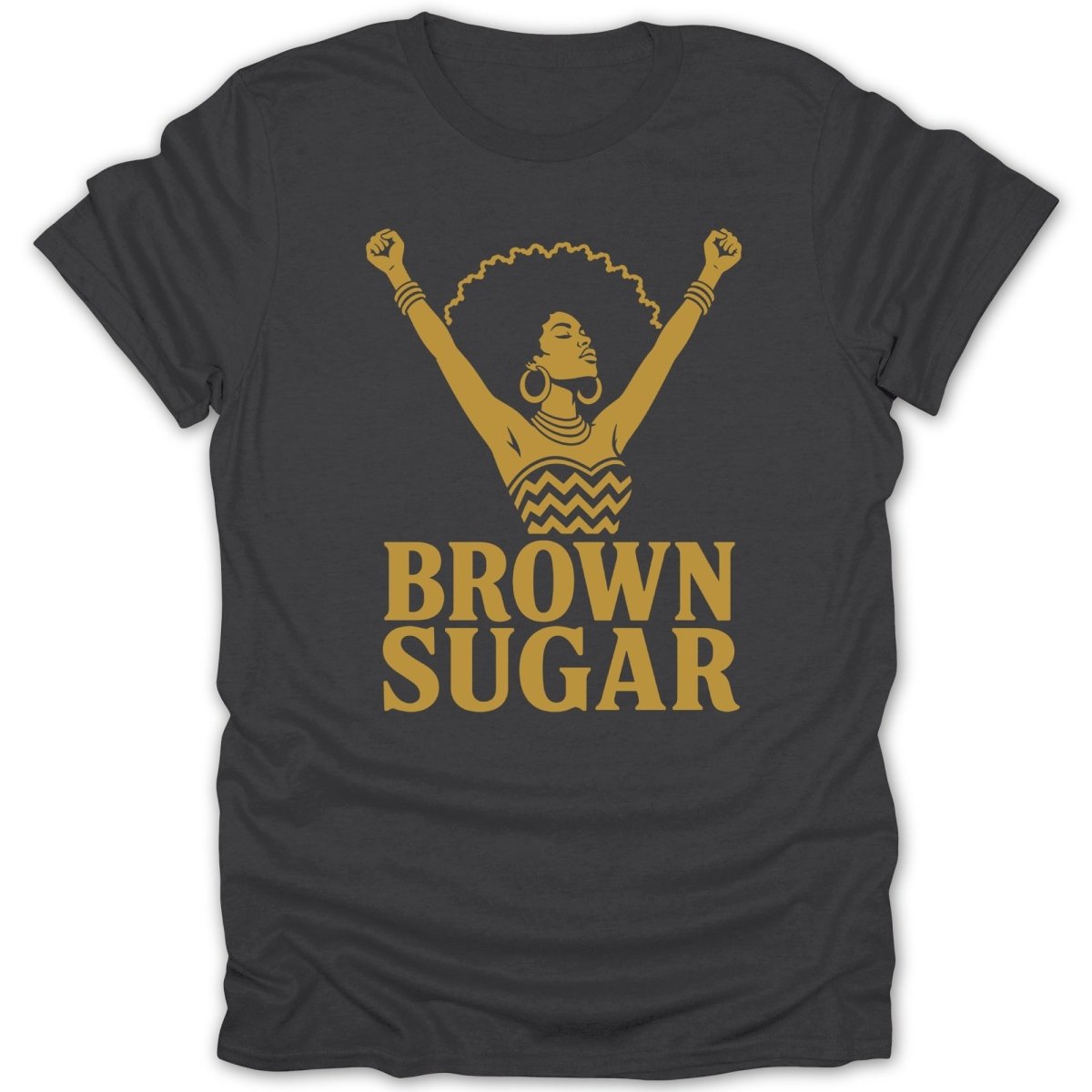Dark t-shirt with gold graphic of a woman with an afro and text "BROWN SUGAR".
