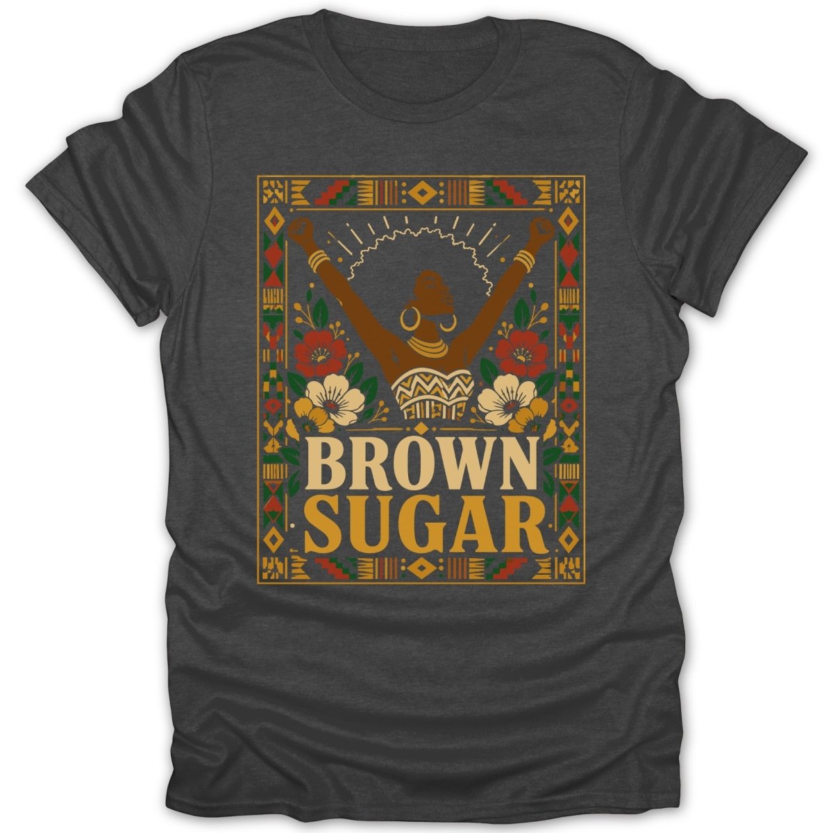 Brown Sugar graphic with woman and floral elements on a dark t-shirt.