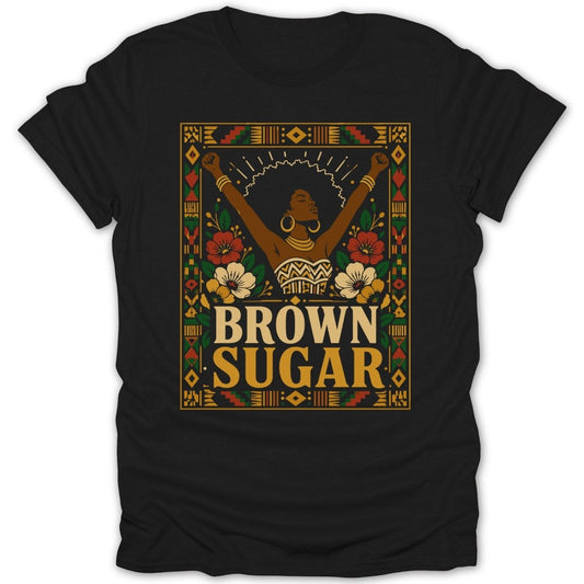 Black t-shirt with "BROWN SUGAR" text and woman with raised arms.