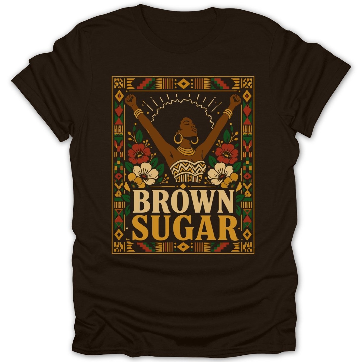 Brown Sugar text with woman raising arms among flowers, framed by geometric pattern.