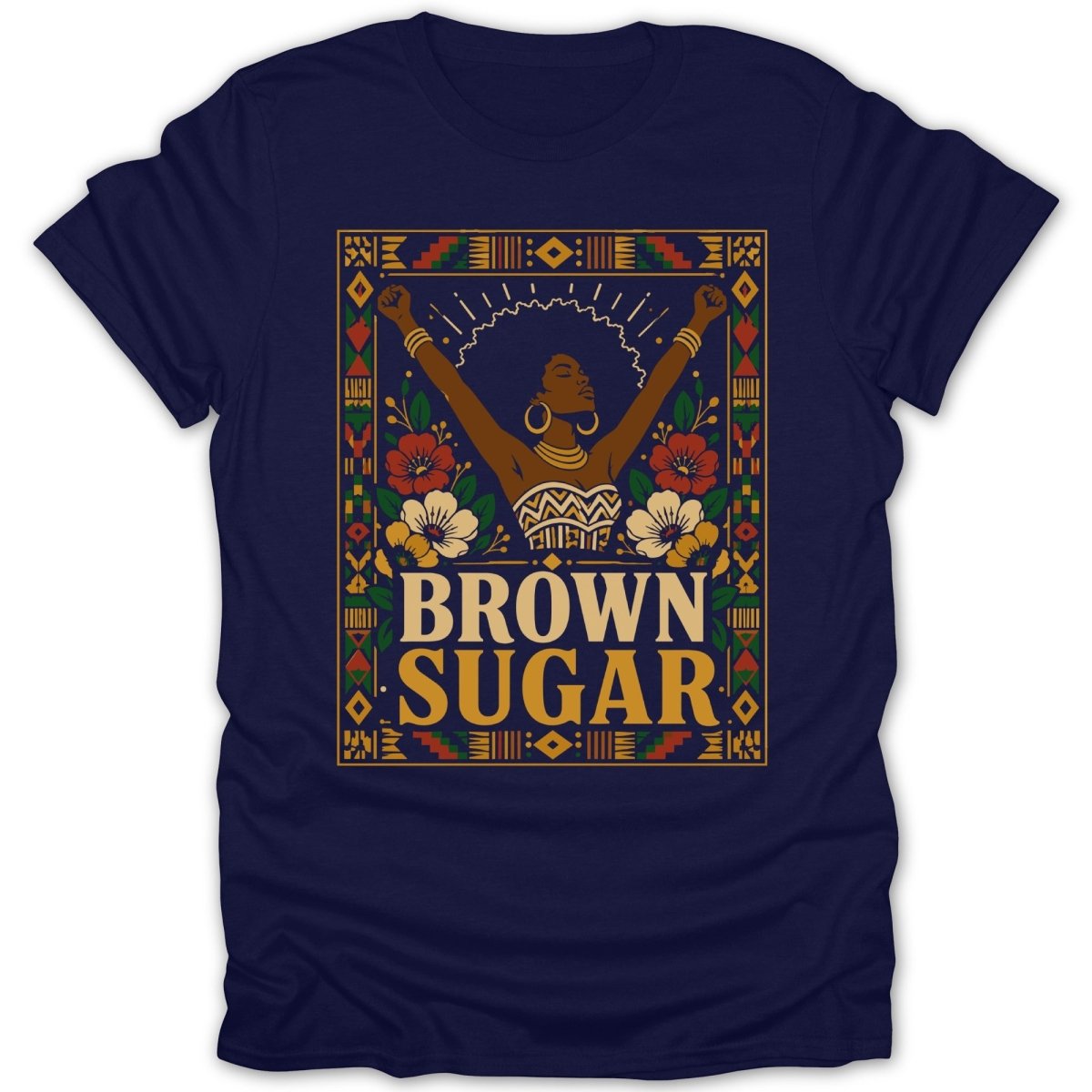 Navy t-shirt with "BROWN SUGAR" text and decorative border.