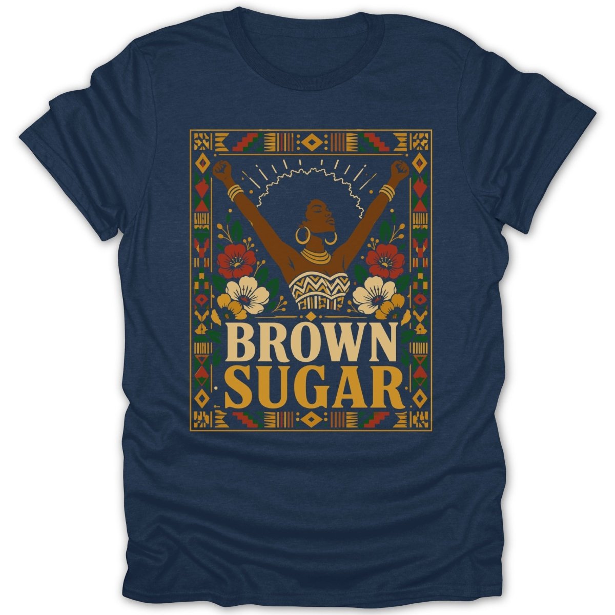 Navy t-shirt with "Brown Sugar" text and decorative tribal border.