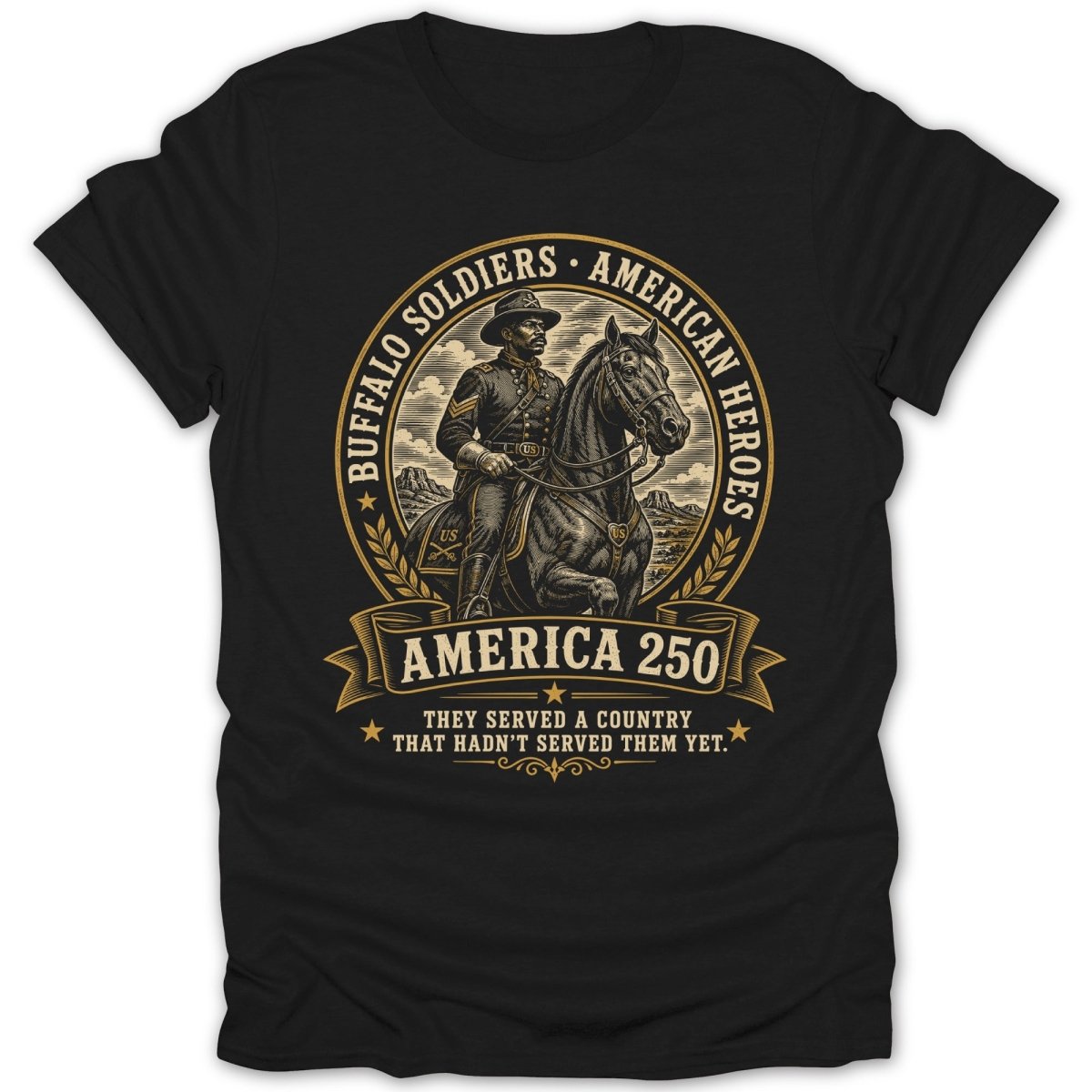 Buffalo Soldiers American Heroes graphic on a black t-shirt.