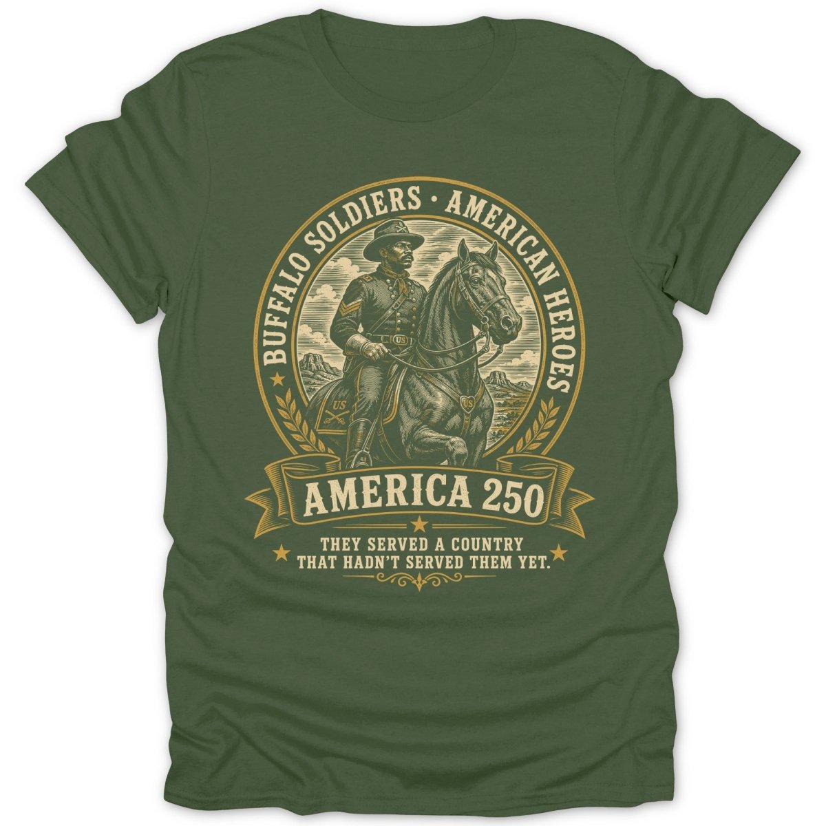 Buffalo Soldiers American Heroes "America 250" text with soldier on horse.