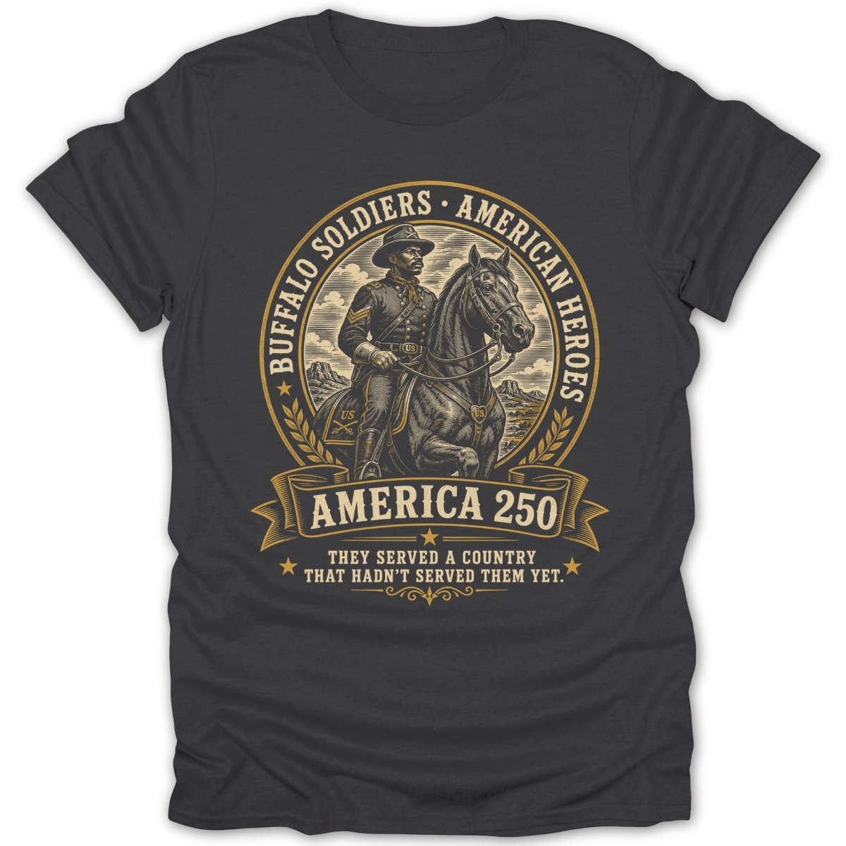 Buffalo Soldiers American Heroes 250 military illustration on dark t-shirt.