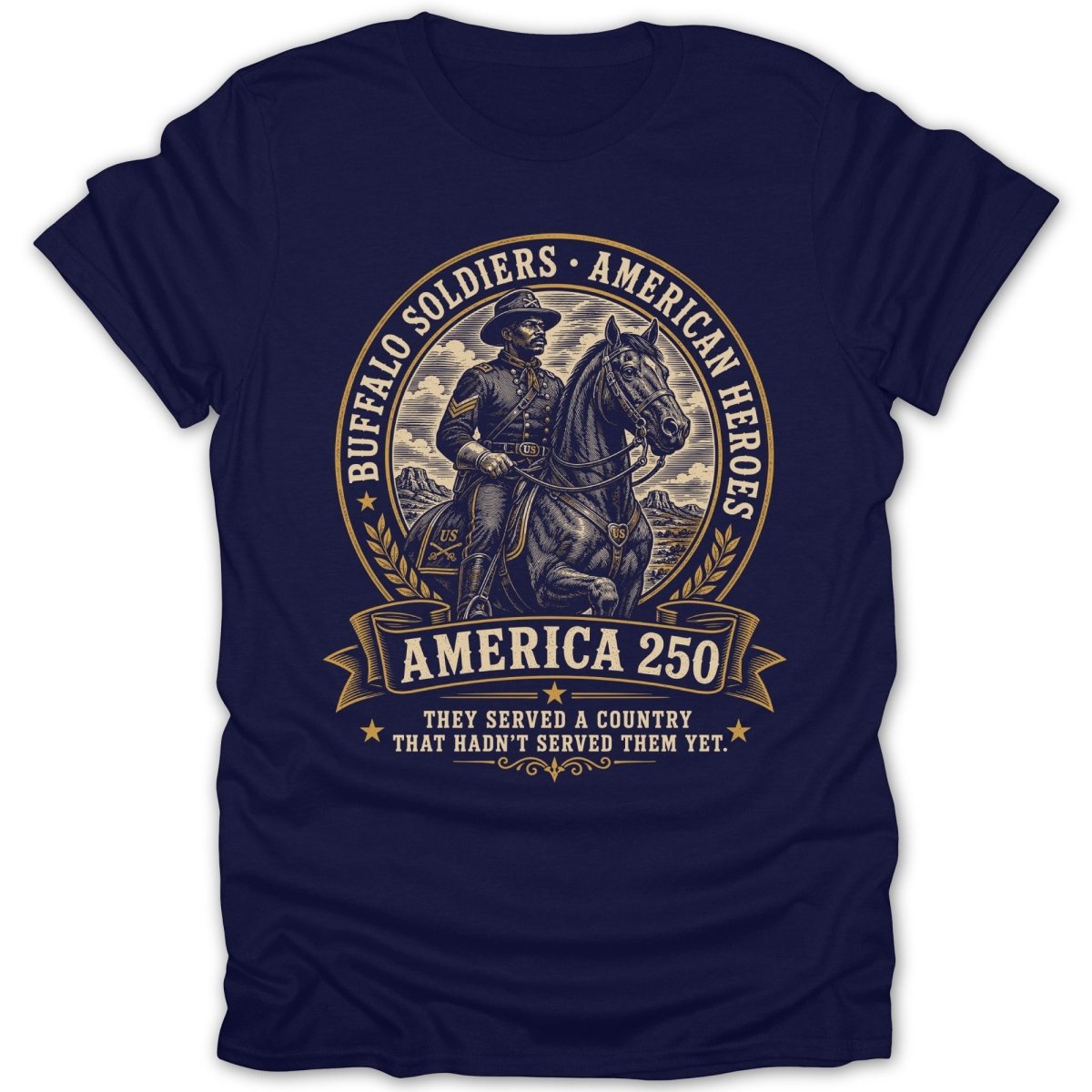 Buffalo Soldiers American Heroes emblem with soldier on horseback and text.