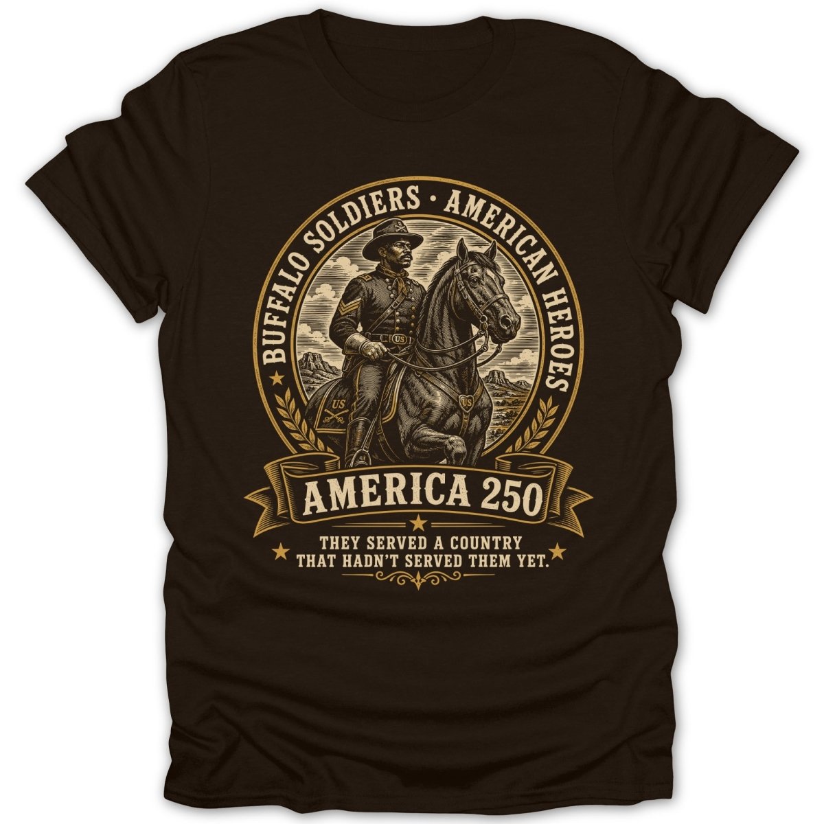 Buffalo Soldiers American Heroes t-shirt with soldier on horseback and text.
