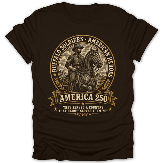 Buffalo Soldiers American Heroes t-shirt with soldier on horseback and text.