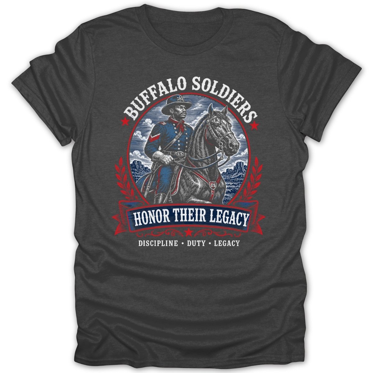 Buffalo Soldiers historical print on a t-shirt with the text "Honor Their Legacy."