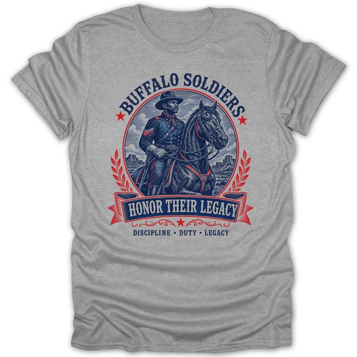 Buffalo Soldiers design with a soldier on horseback and text reading "Honor Their Legacy".