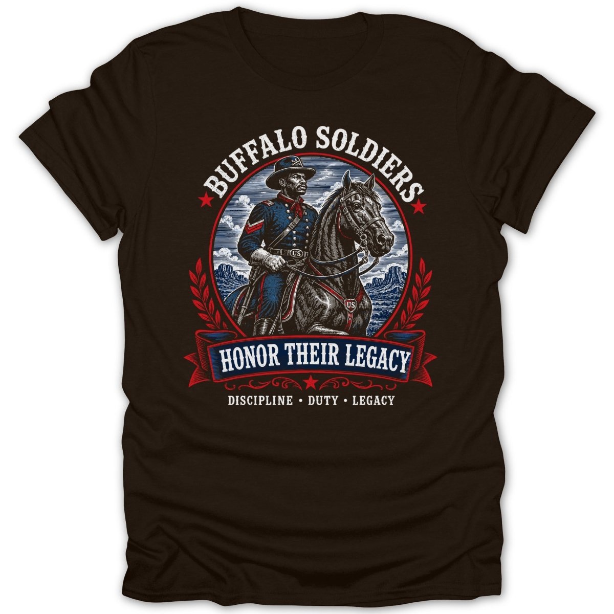 Buffalo Soldiers on horseback with text "Honor Their Legacy Discipline Duty Legacy".