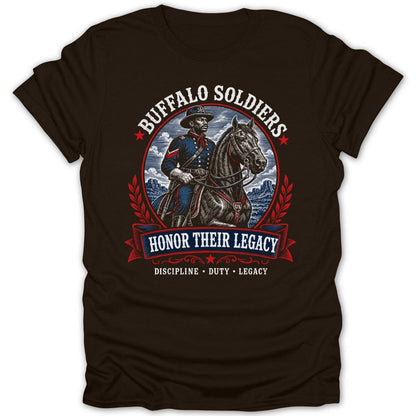 Buffalo Soldiers on horseback with text "Honor Their Legacy Discipline Duty Legacy".