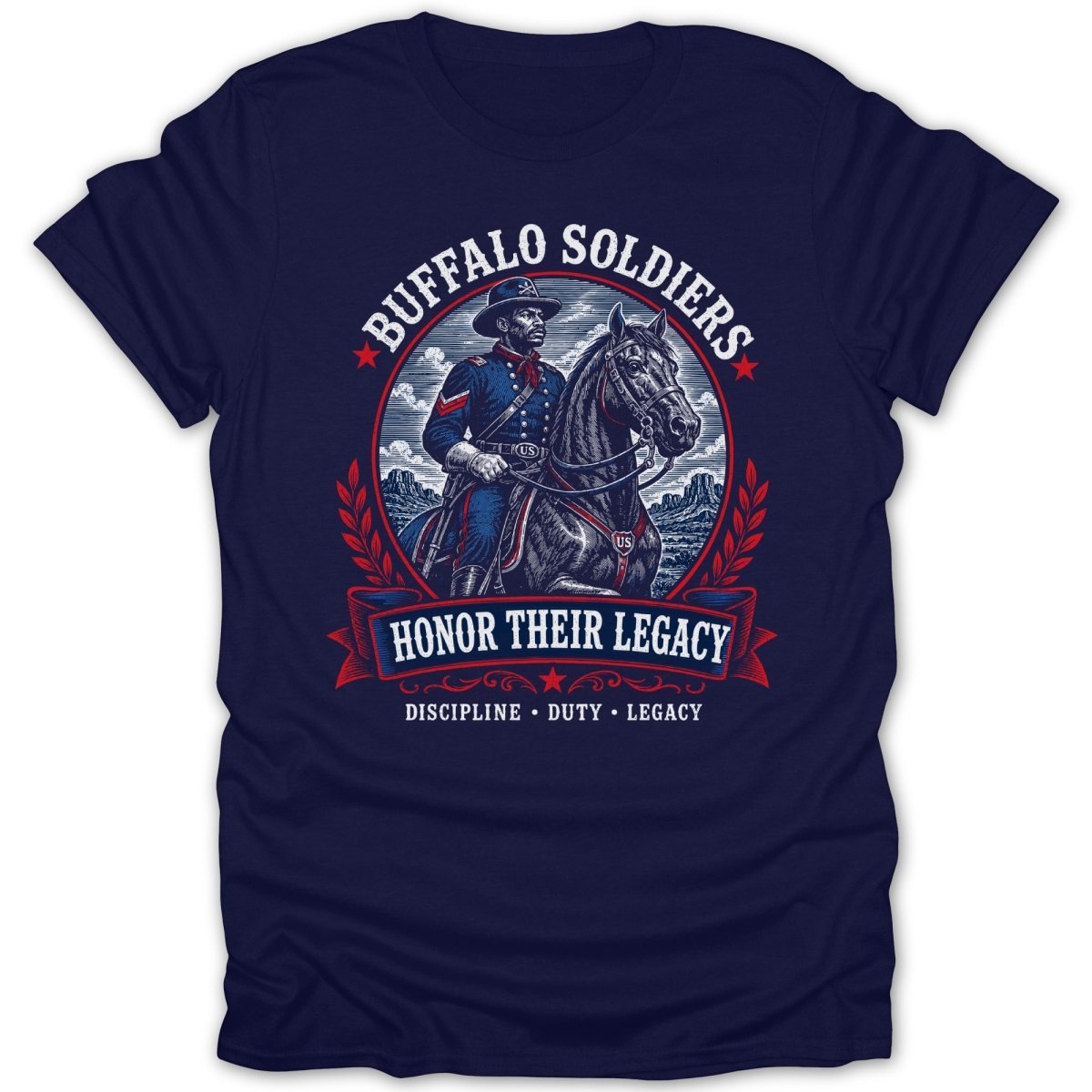 Buffalo Soldiers illustration with text "Honor Their Legacy, Discipline, Duty, Legacy".
