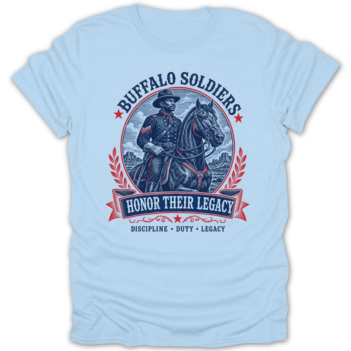 Buffalo Soldiers on horseback with text "Honor Their Legacy" and "Discipline, Duty, Legacy".
