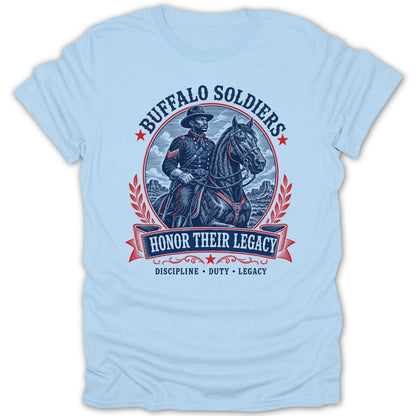 Buffalo Soldiers on horseback with text "Honor Their Legacy" and "Discipline, Duty, Legacy".
