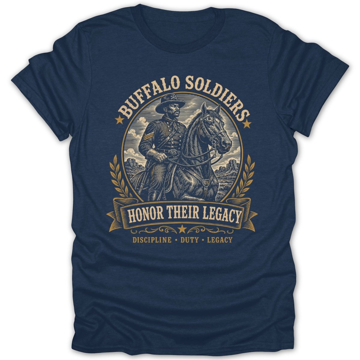Buffalo Soldiers illustration on navy t-shirt with text "Honor Their Legacy".