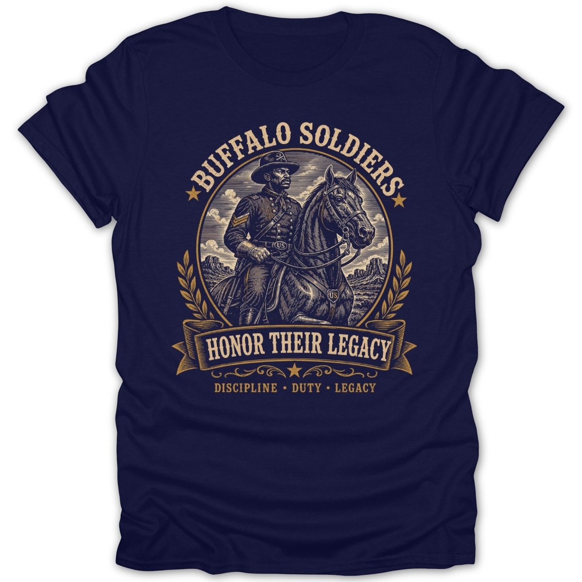 Buffalo Soldiers on horseback with text "Honor Their Legacy", "Discipline", "Duty", "Legacy".