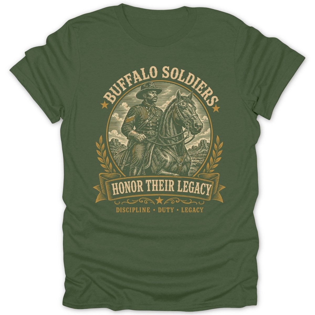 Buffalo Soldiers and horse in circular emblem with text: Honor Their Legacy.