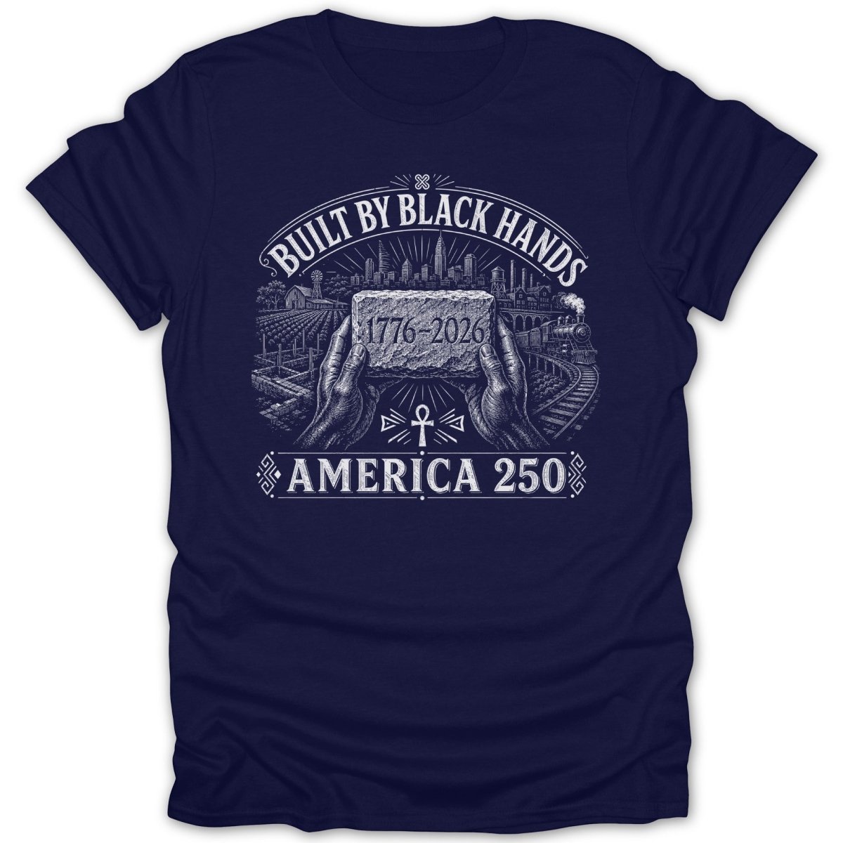 Navy t-shirt with "Built by Black Hands" text and historical imagery.