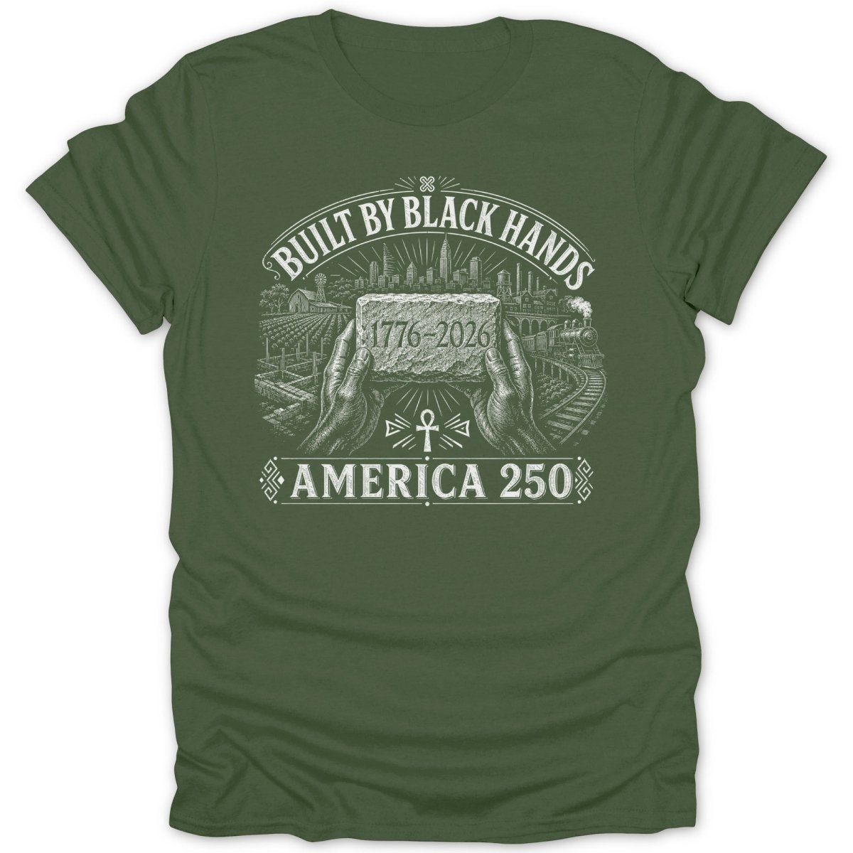 Green t-shirt with "Built by Black Hands America 250" text and cityscape.