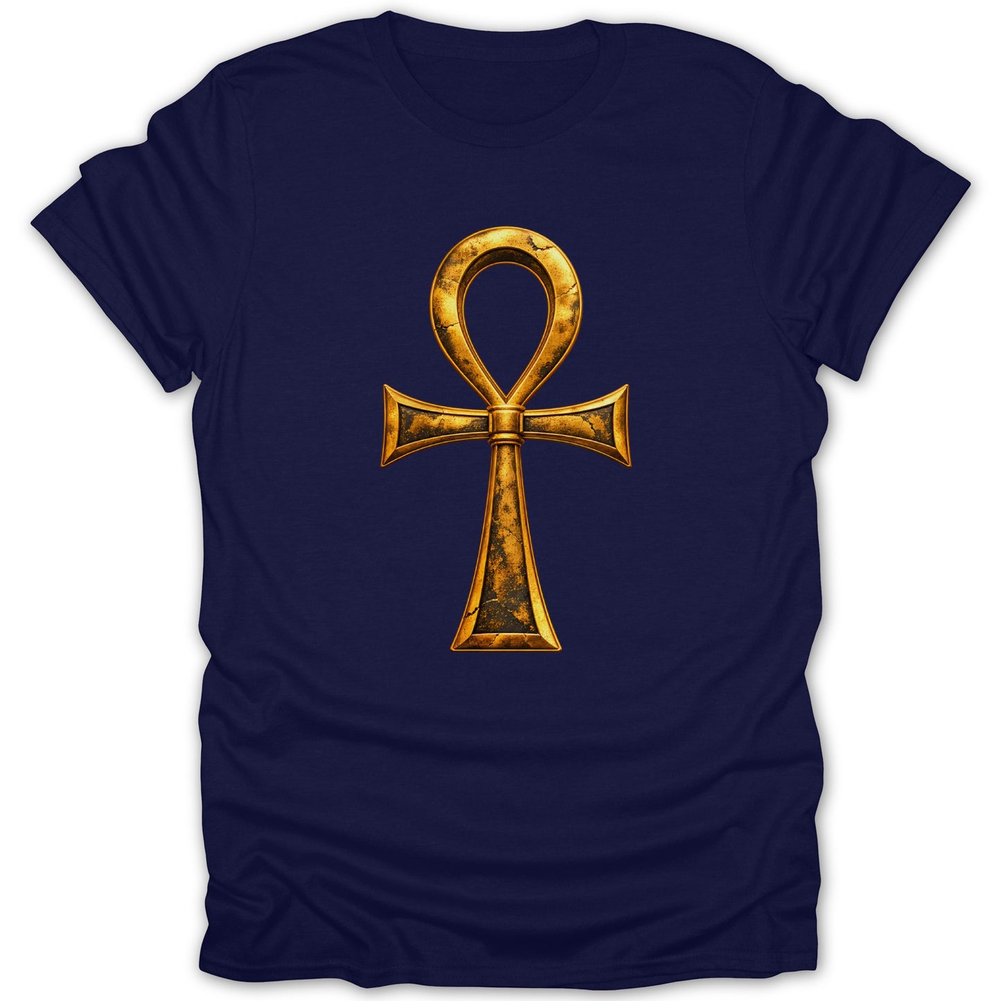 Navy t-shirt with a golden, textured ankh symbol centered on the chest.