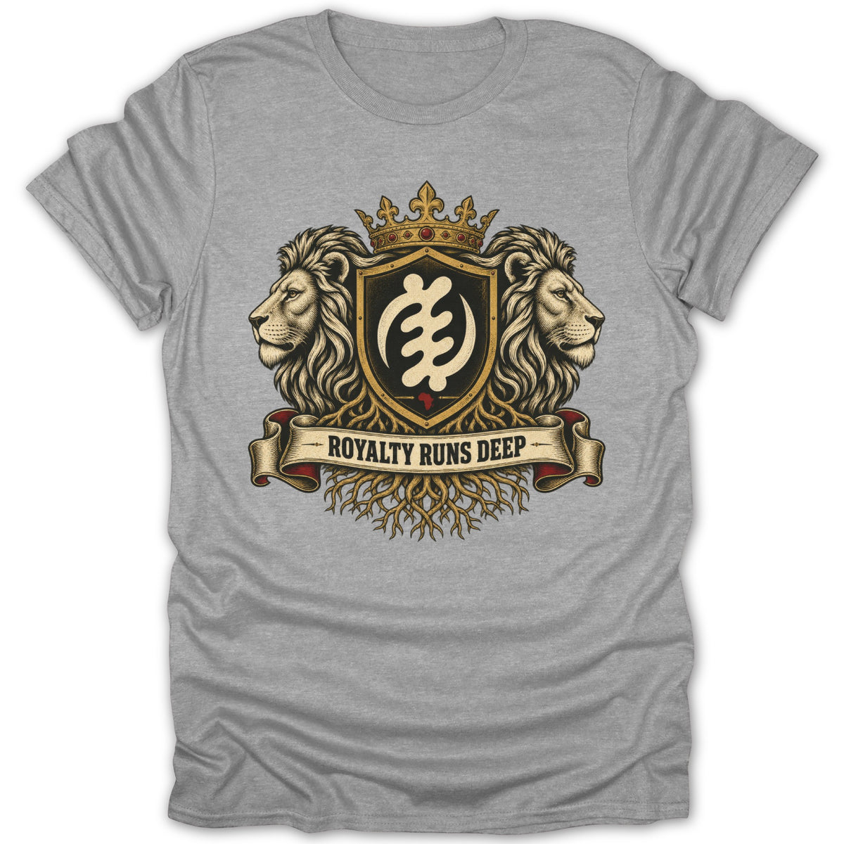 Grey t-shirt with lion crest, crown, Adinkra symbol, and "Royalty Runs Deep" text.