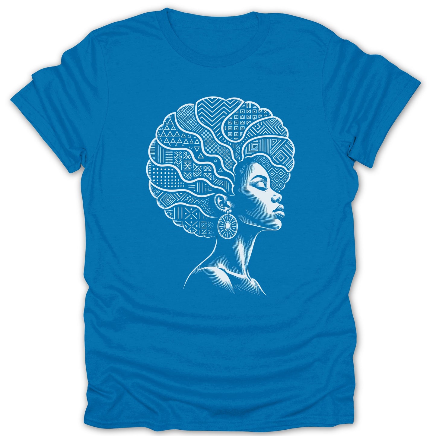 Blue t-shirt with white line art of a woman's profile and patterned afro.