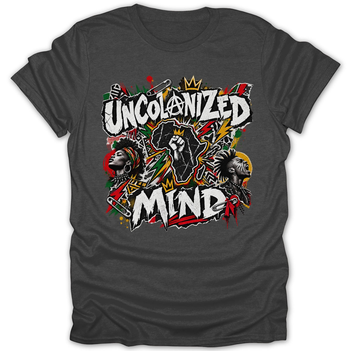 Dark grey t-shirt with "UNCOLONIZED MIND" graphic featuring African art and profiles.