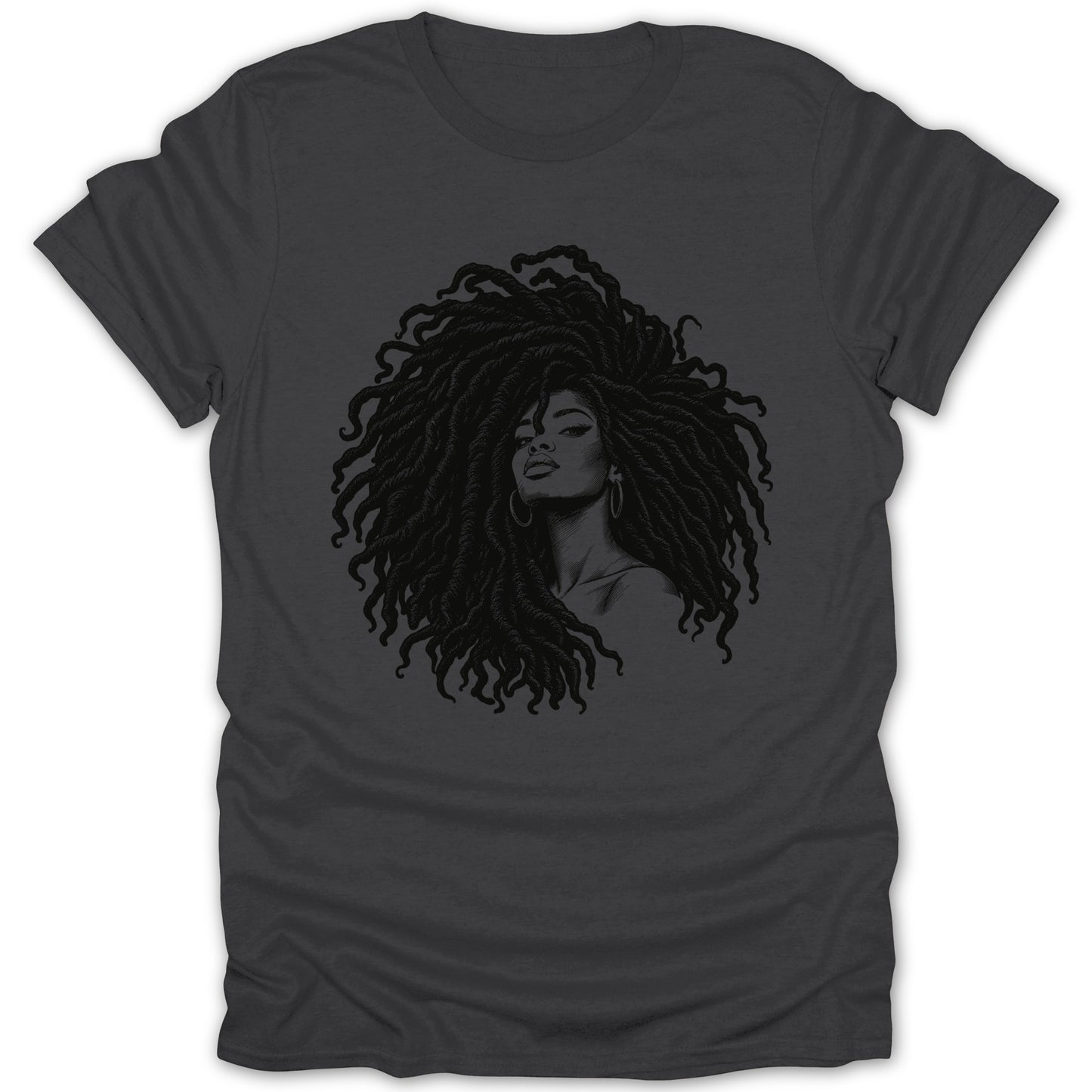 Black and white illustration of a woman with large dreadlocks on a dark gray t-shirt.