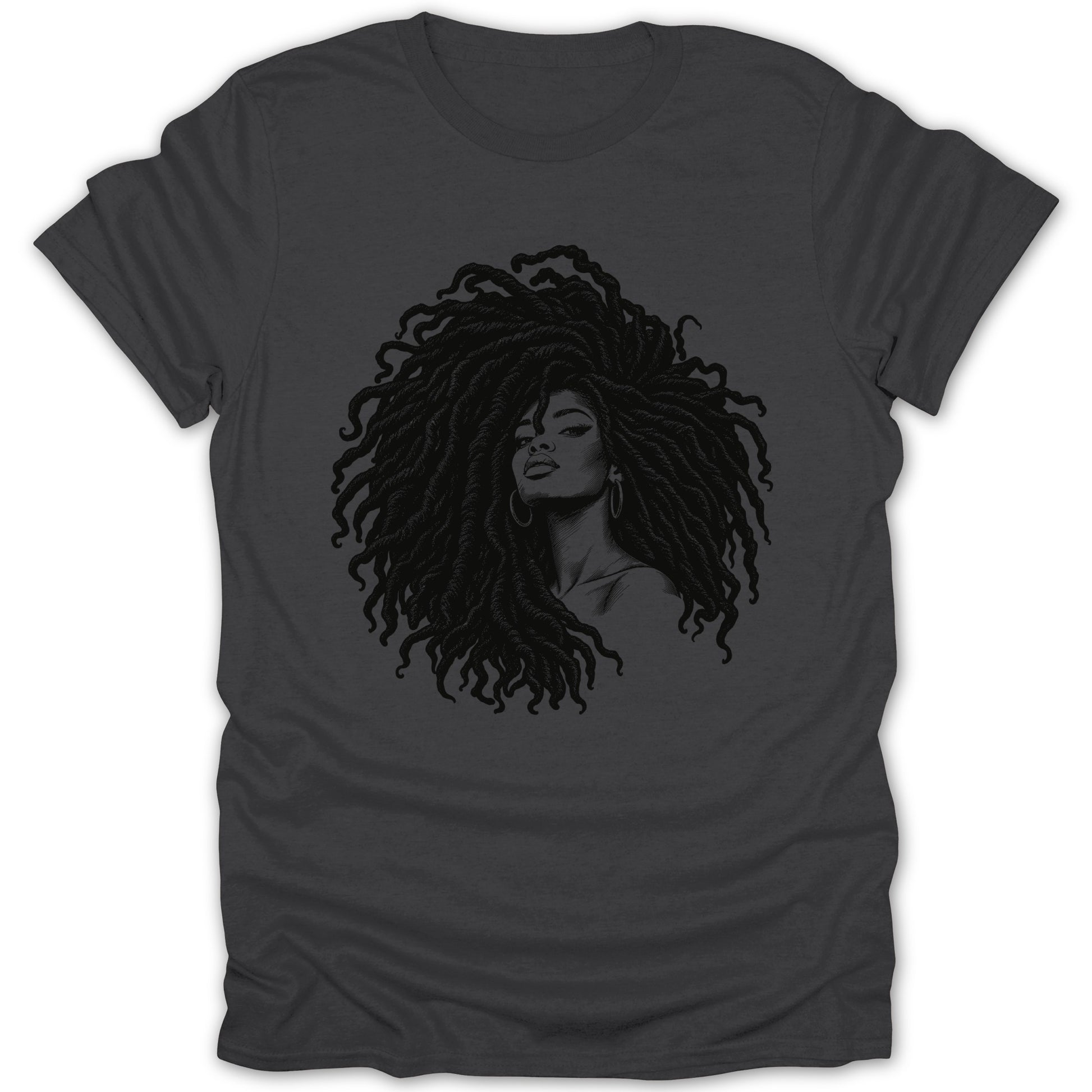Black and white illustration of a woman with large dreadlocks on a dark gray t-shirt.