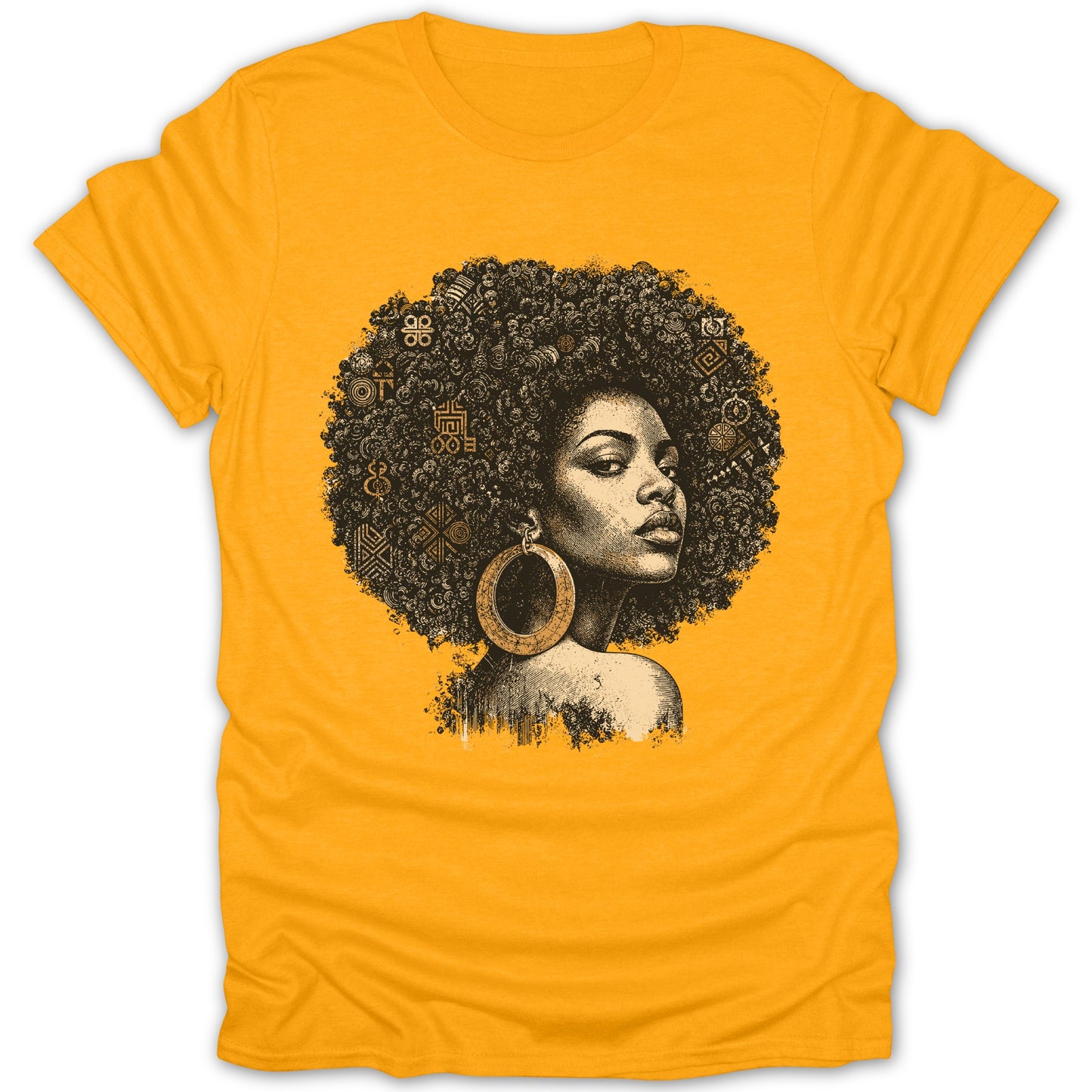 T-shirt with a black and gold graphic of a woman with large afro hair.