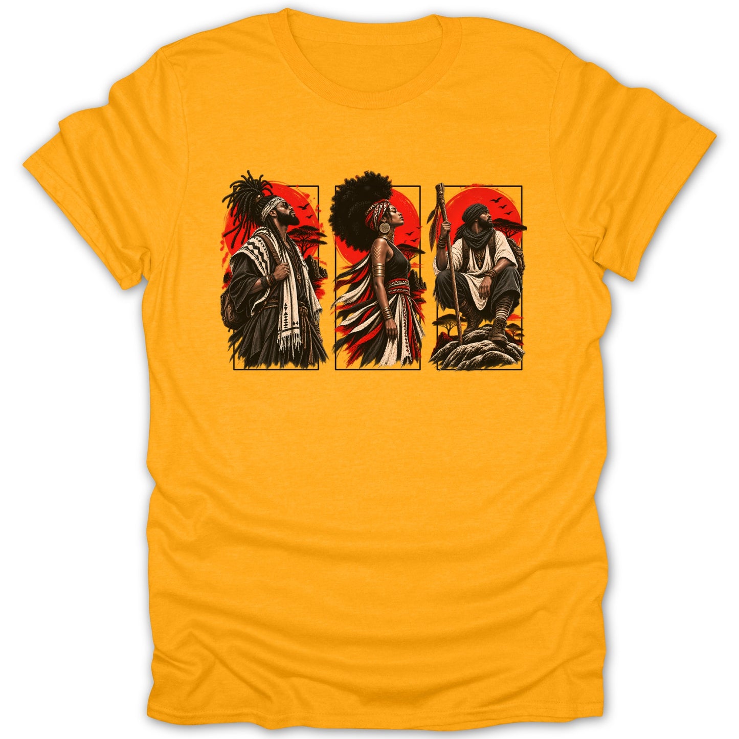 Three illustrations of people in traditional attire with African-inspired backdrops.