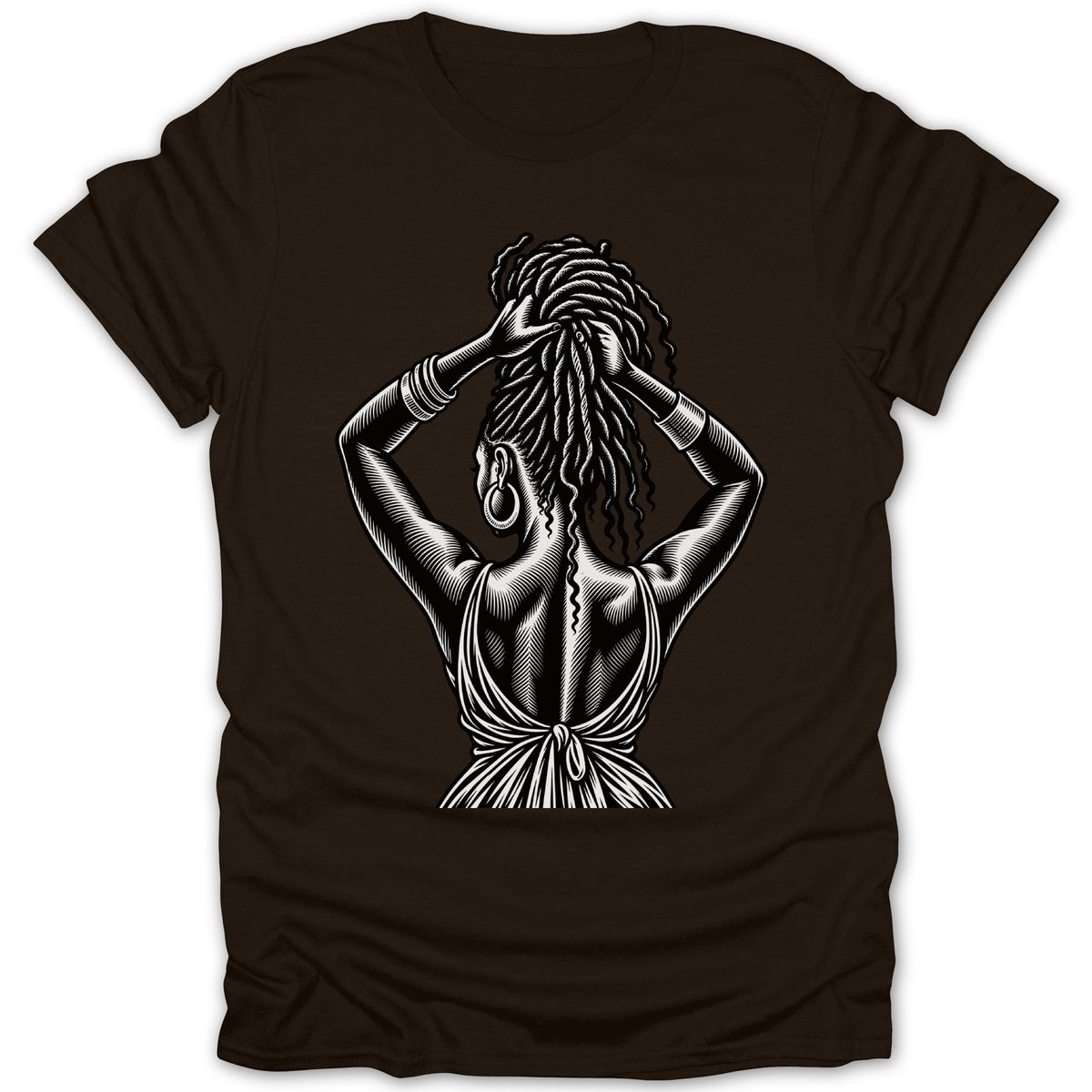 Black and white graphic of a woman with dreadlocks tying her hair.