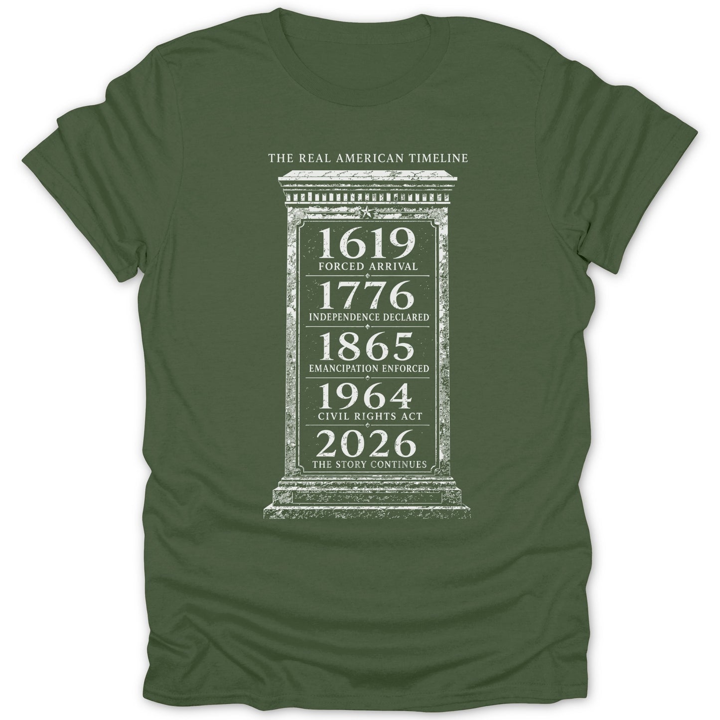 The Real American Timeline with historical dates and events on a green t-shirt.