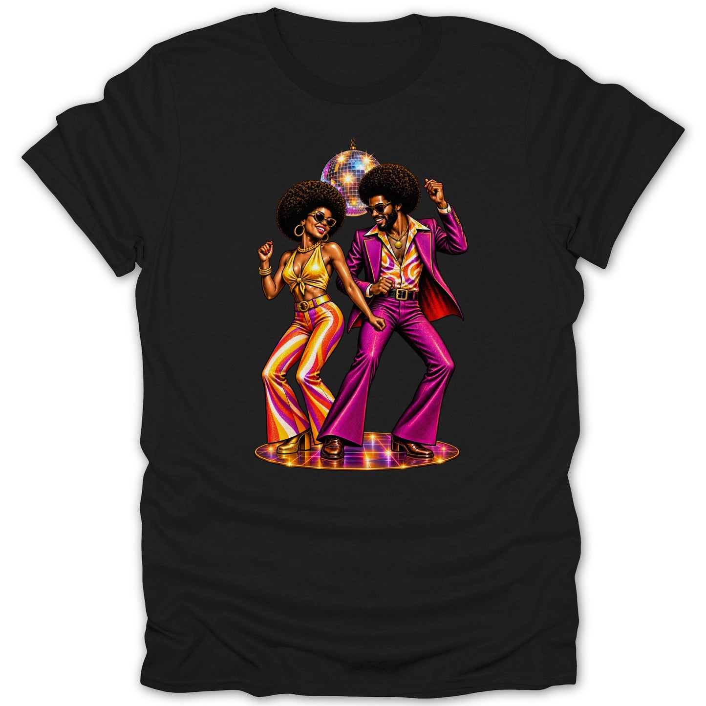 Disco dancers in bell bottoms and afros with a disco ball above
