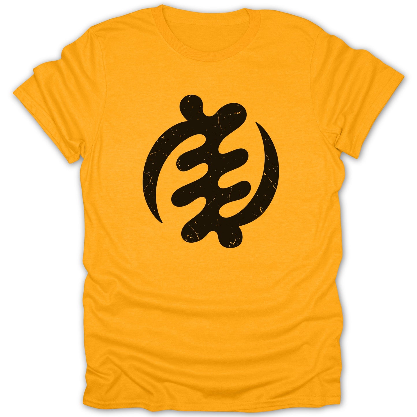 Orange t-shirt with a distressed black Adinkra symbol Gye Nyame on the chest.