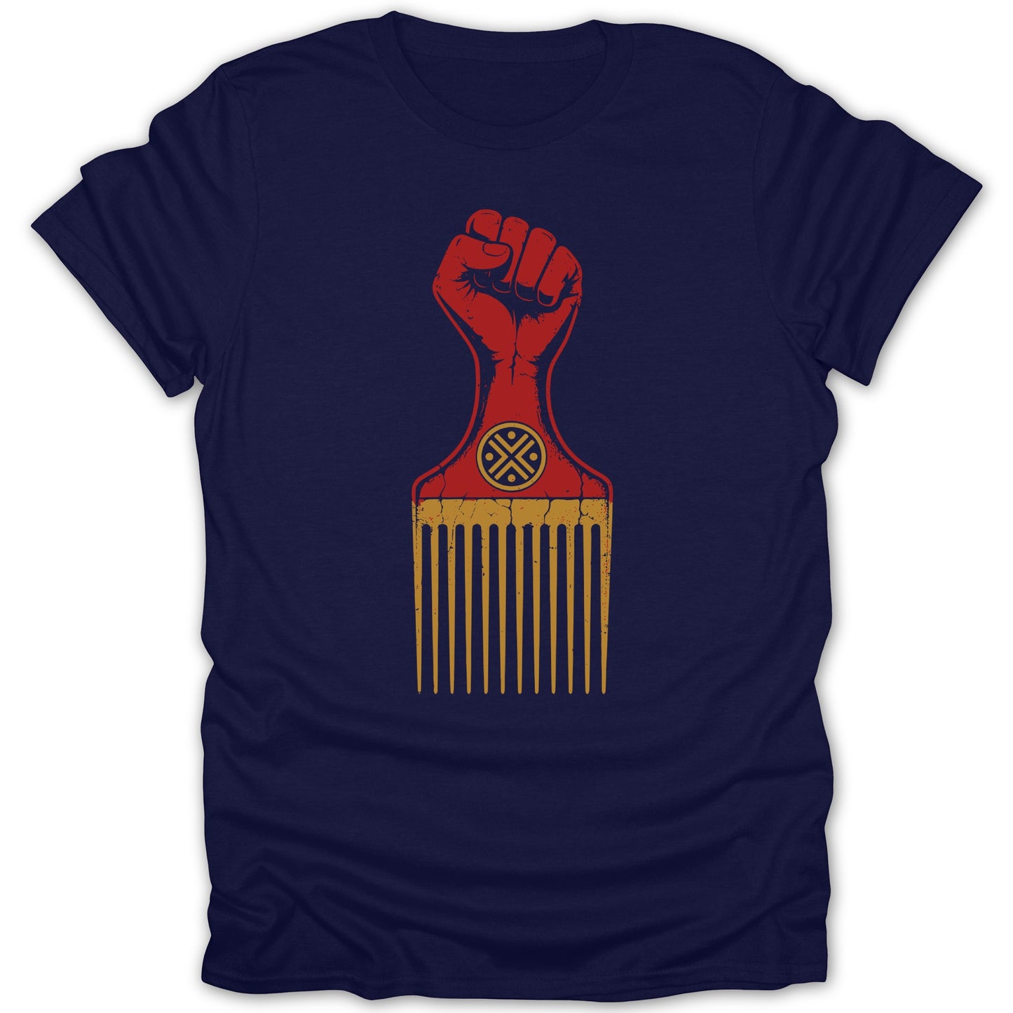 Navy t-shirt with a red raised fist and afro pick with a circular symbol.