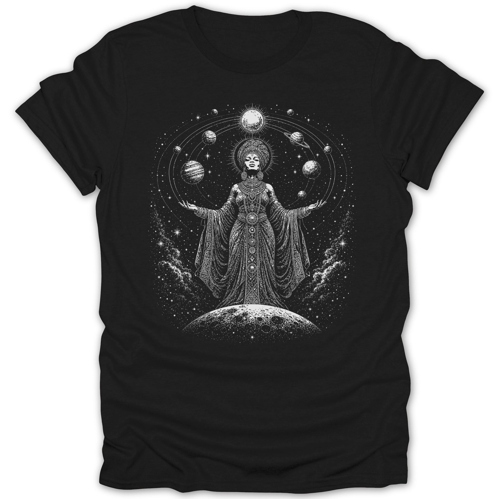 Black t-shirt with a celestial design featuring a woman and planets.