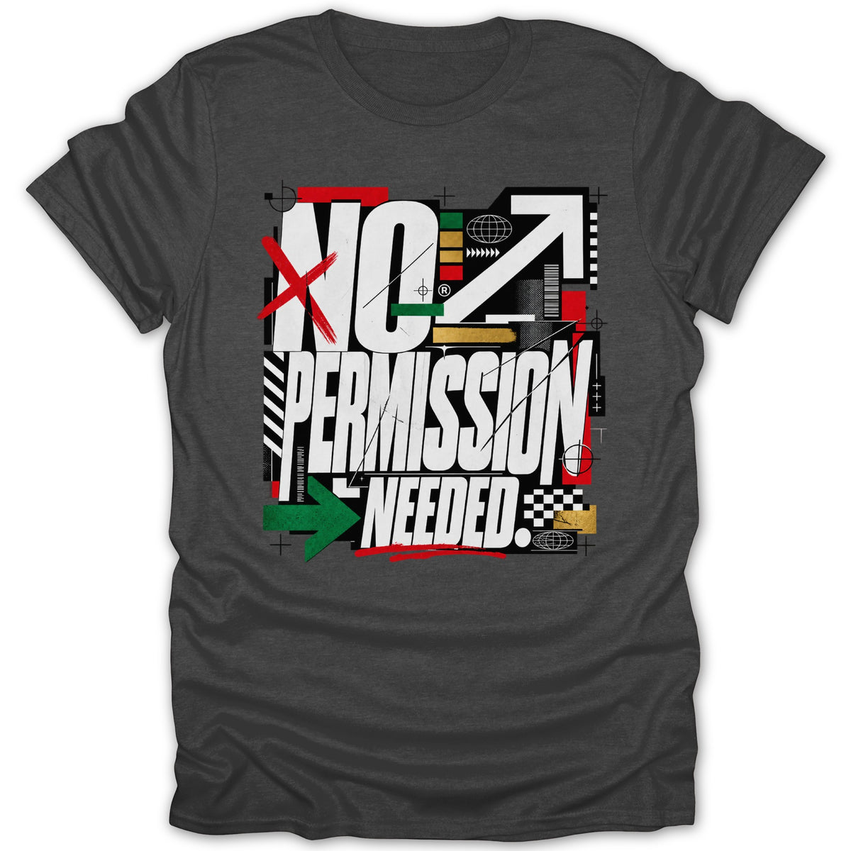 Dark gray t-shirt with "NO PERMISSION NEEDED" graphic and abstract design elements.