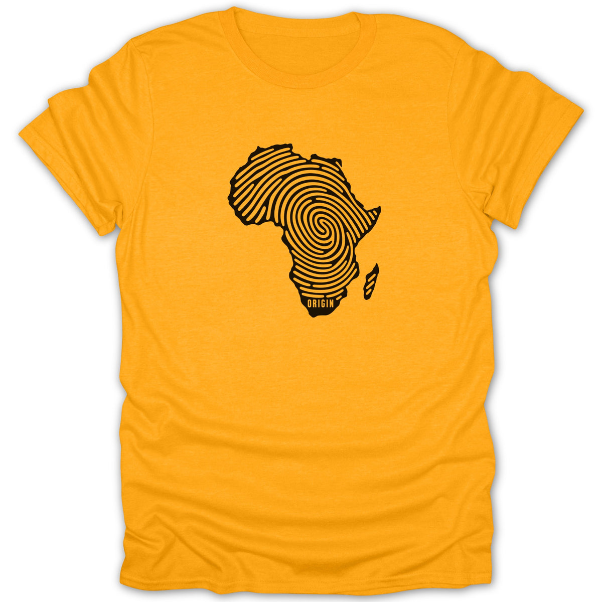 A mustard yellow short-sleeve t-shirt with a black fingerprint graphic shaped like the continent of Africa and the text "ORIGIN" underneath.
