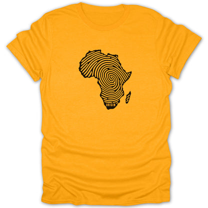 A mustard yellow short-sleeve t-shirt with a black fingerprint graphic shaped like the continent of Africa and the text "ORIGIN" underneath.