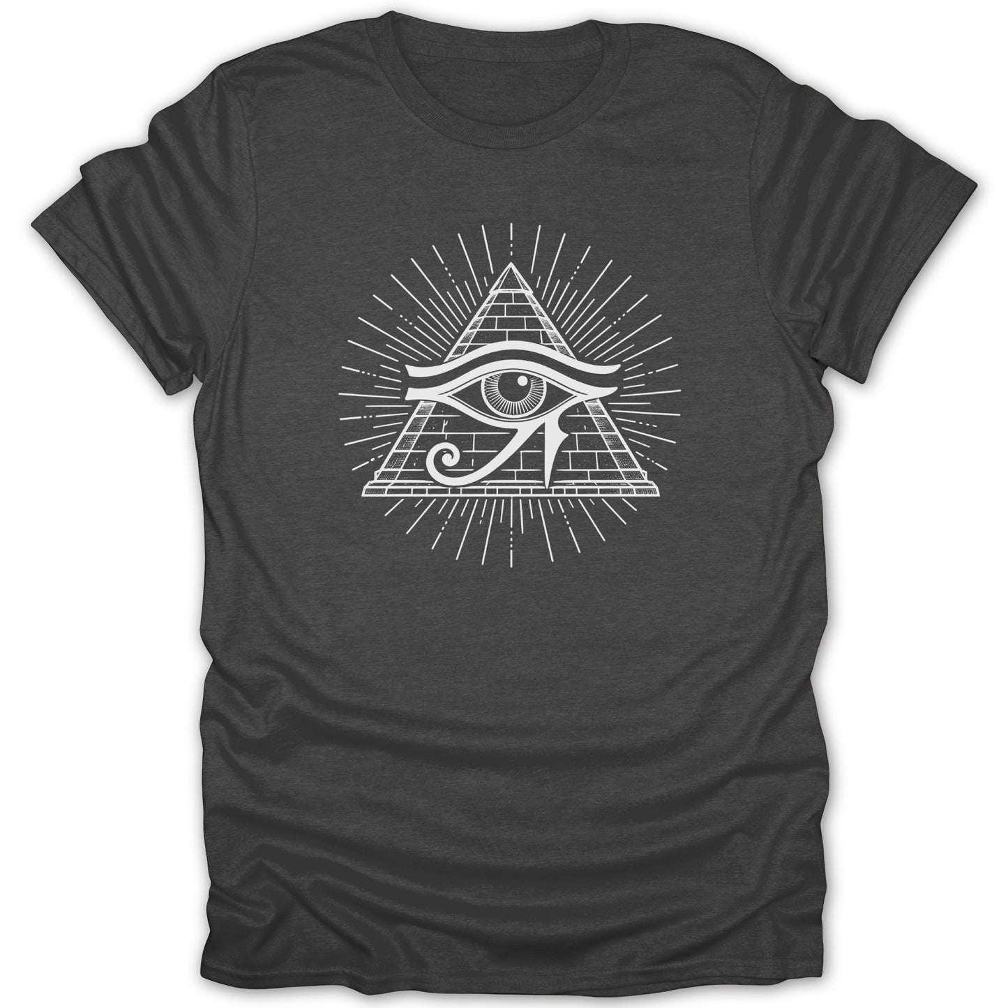 Dark t-shirt with white Eye of Horus pyramid graphic and radiating lines.