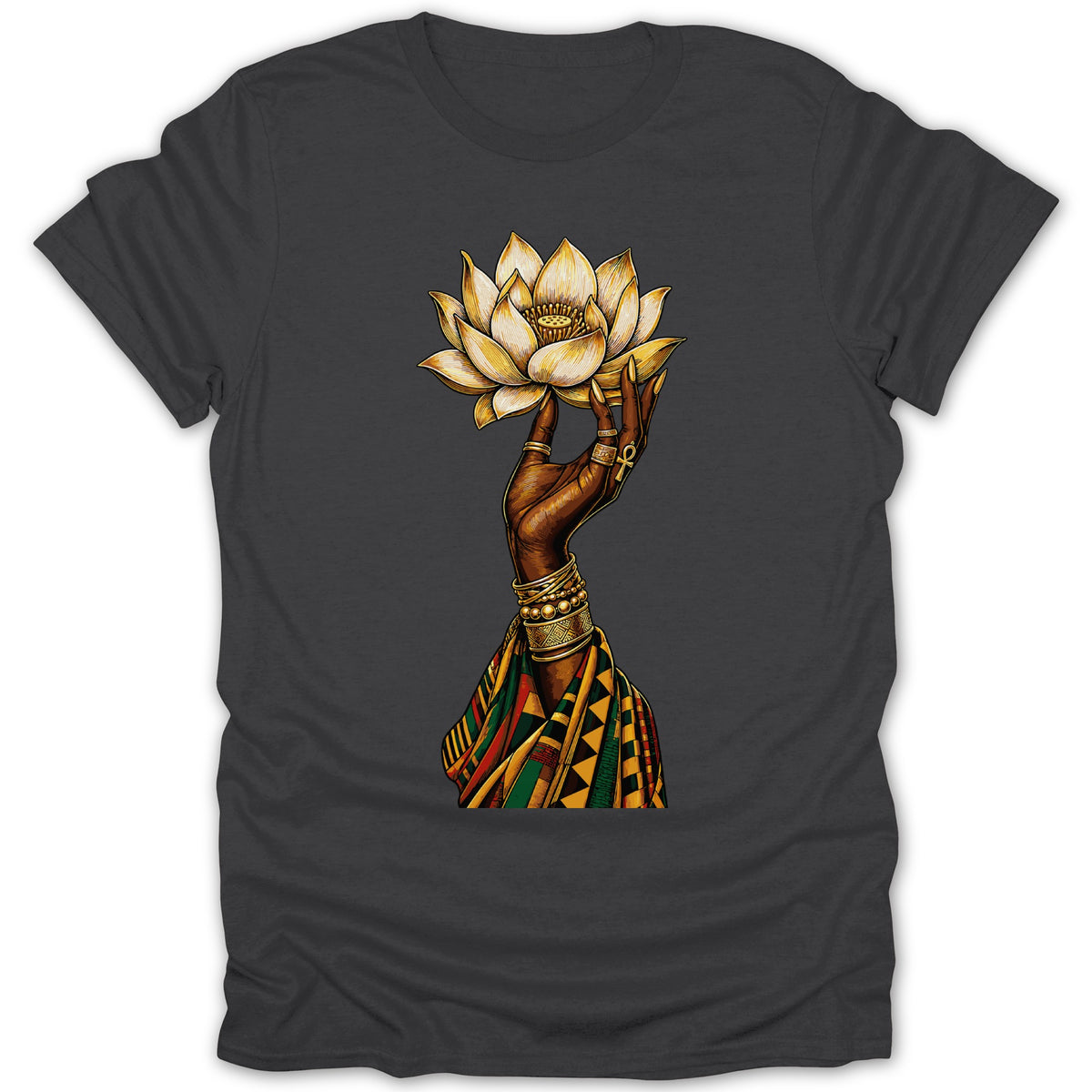Dark t-shirt with illustration of a dark-skinned hand holding a golden lotus flower.