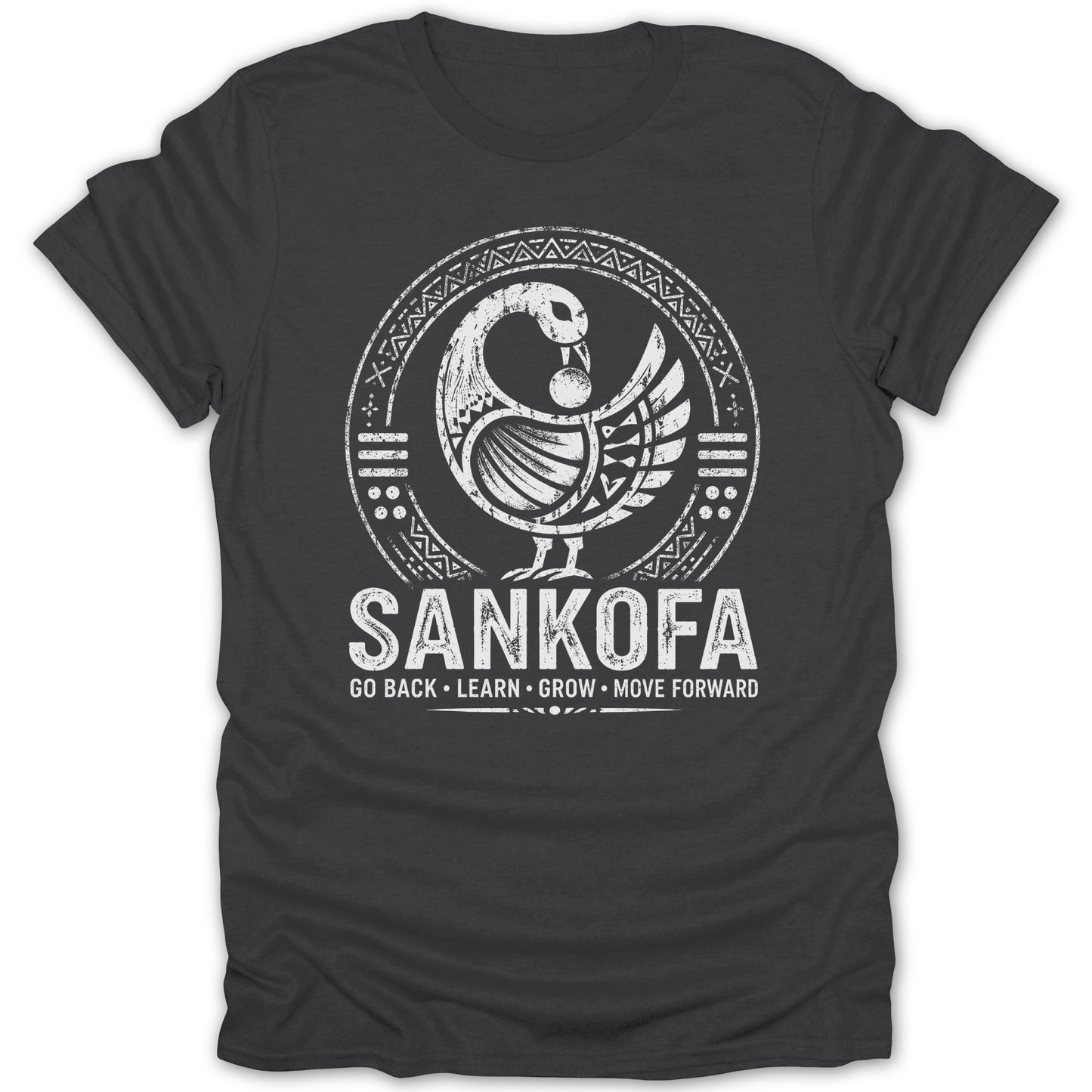 Dark t-shirt with white Sankofa bird emblem and "GO BACK LEARN GROW MOVE FORWARD" text.