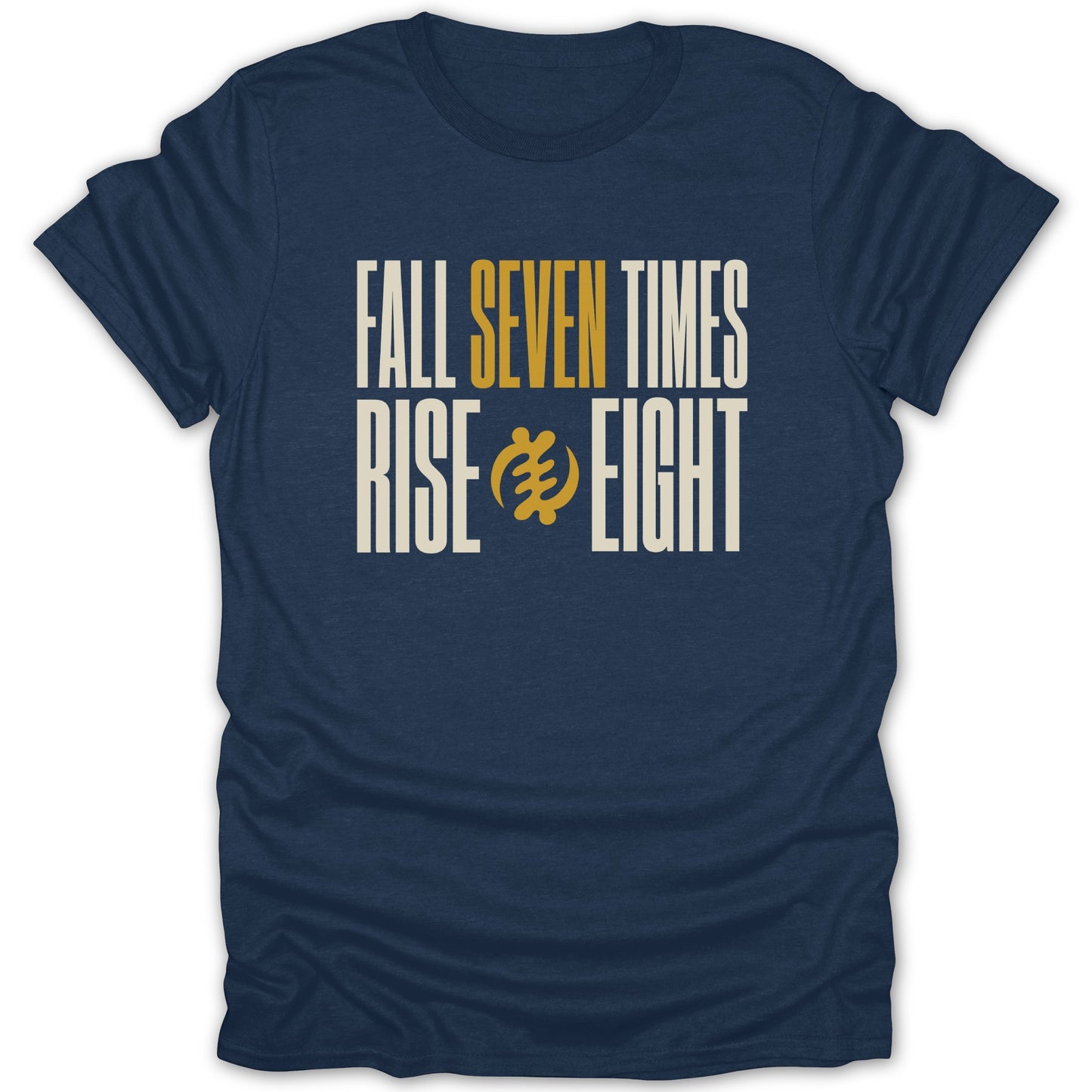 Navy t-shirt with "Fall Seven Times Rise Eight" and Sankofa symbol.